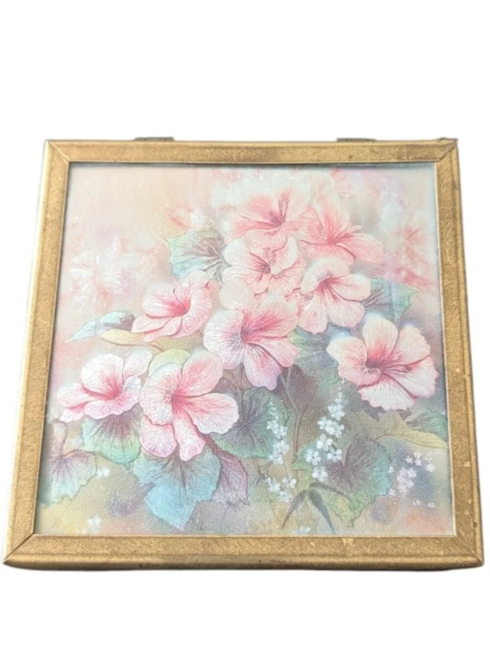 Vintage 80s floral lithograph, hinged, vanity jewelry trinket box